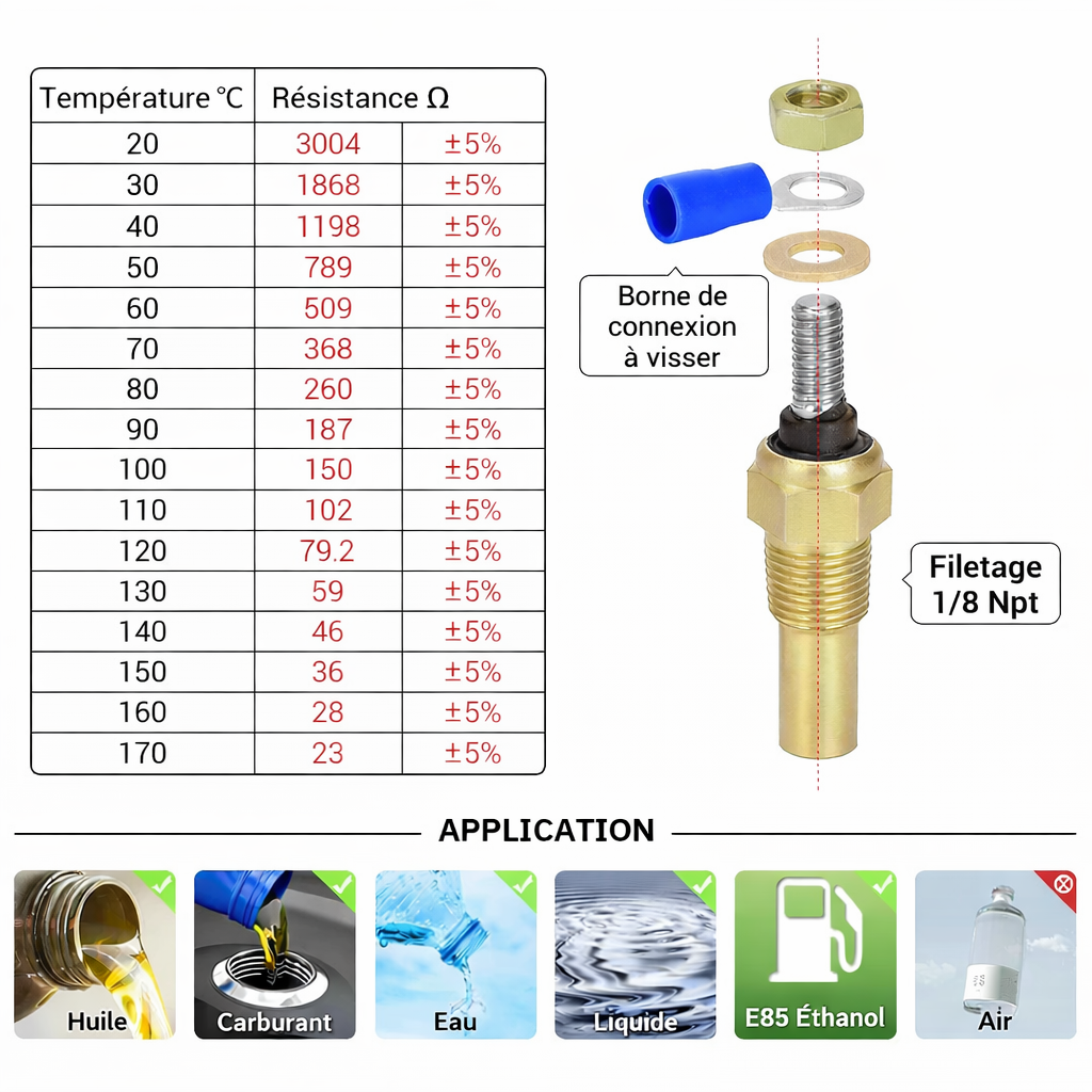 Sonde de température d’huile / d’eau universelle 12V 1/8 NPT