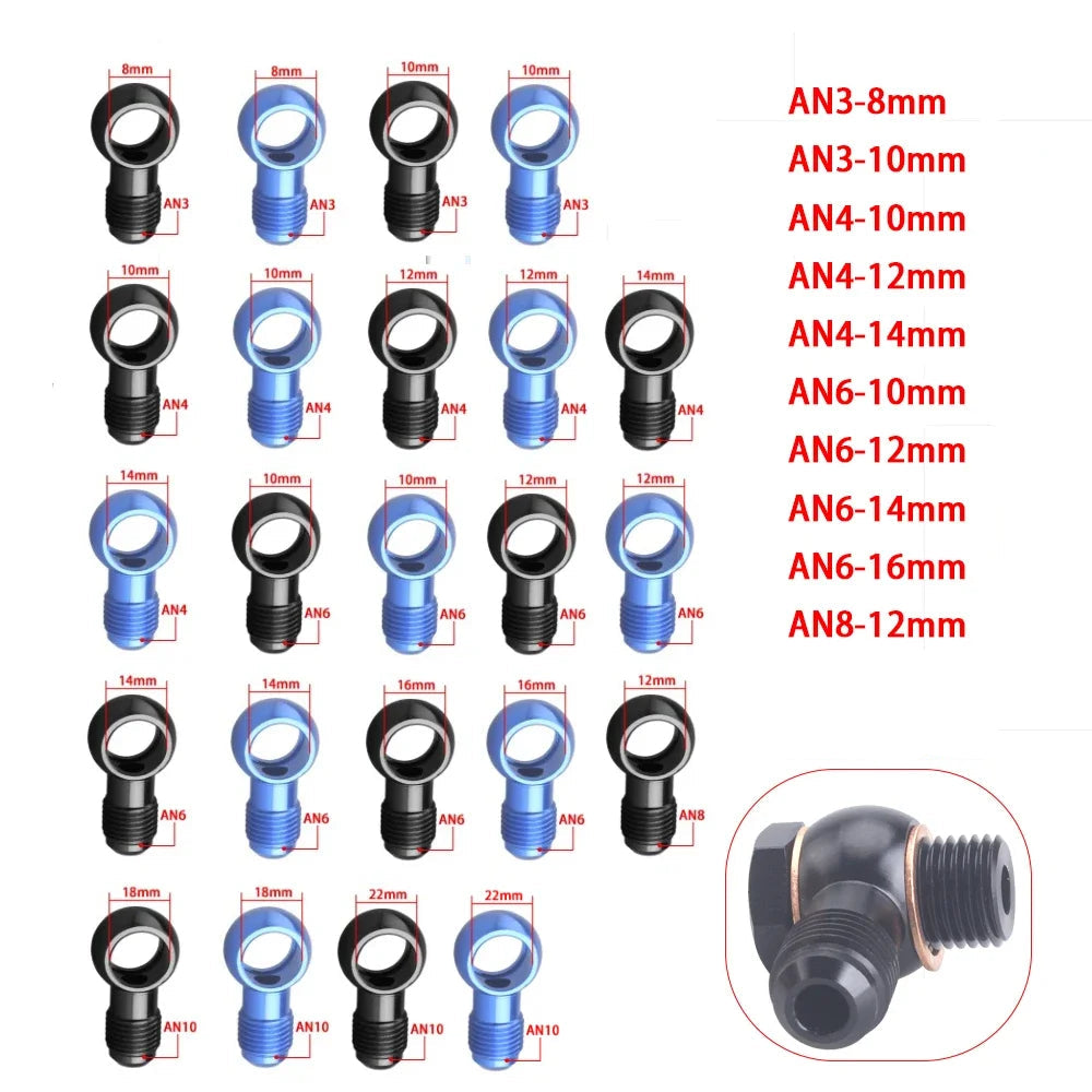 Vue d’ensemble des adaptateurs banjo aluminium DASH AN3 AN4 AN6 AN8 AN10 avec tailles 8 mm à 22 mm