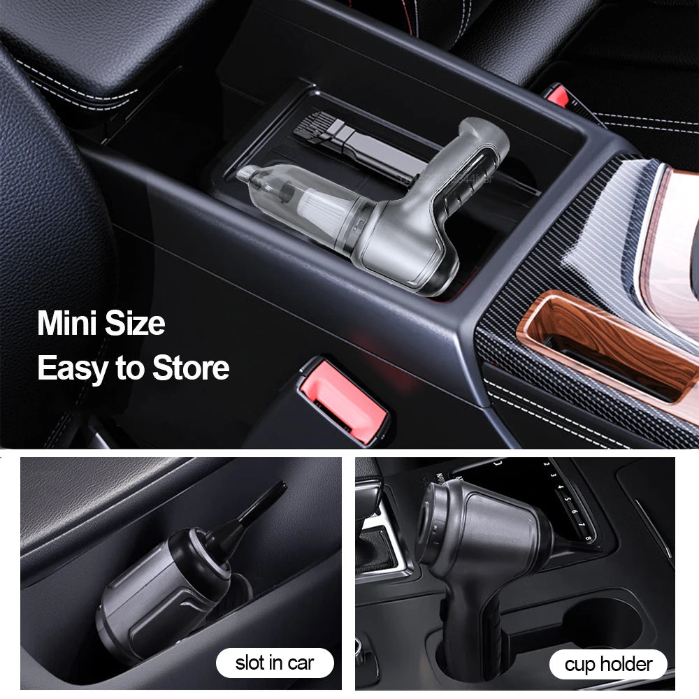 Aspirateur voiture sans fil compact rangé dans la console centrale avec aperçu de son format portable