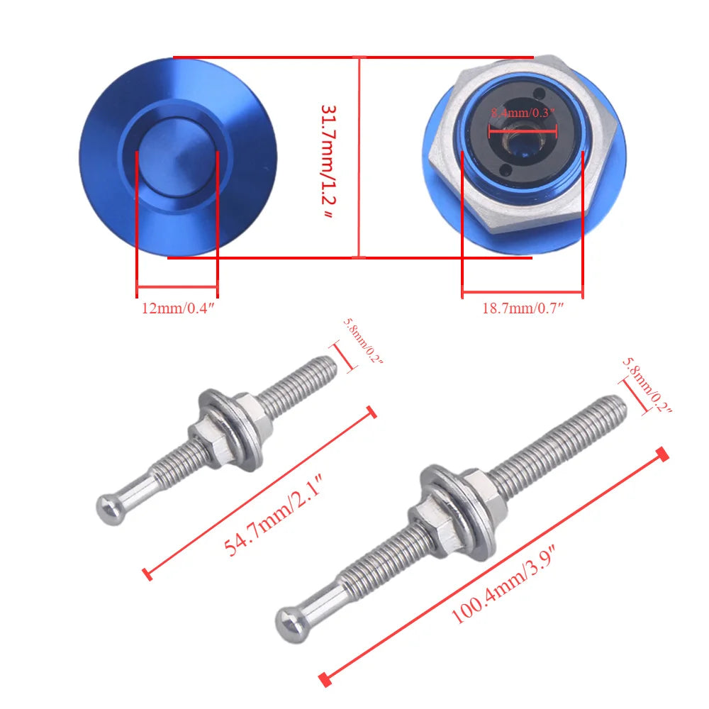 Schéma des dimensions des attaches de capot push button 32 mm en finition bleue