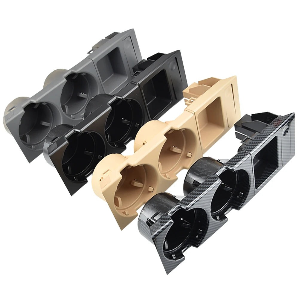 Boîte de rangement de console centrale avec porte-gobelet double pour BMW Série 3 E46 de 1999 à 2006, présentée en plusieurs coloris et finitions