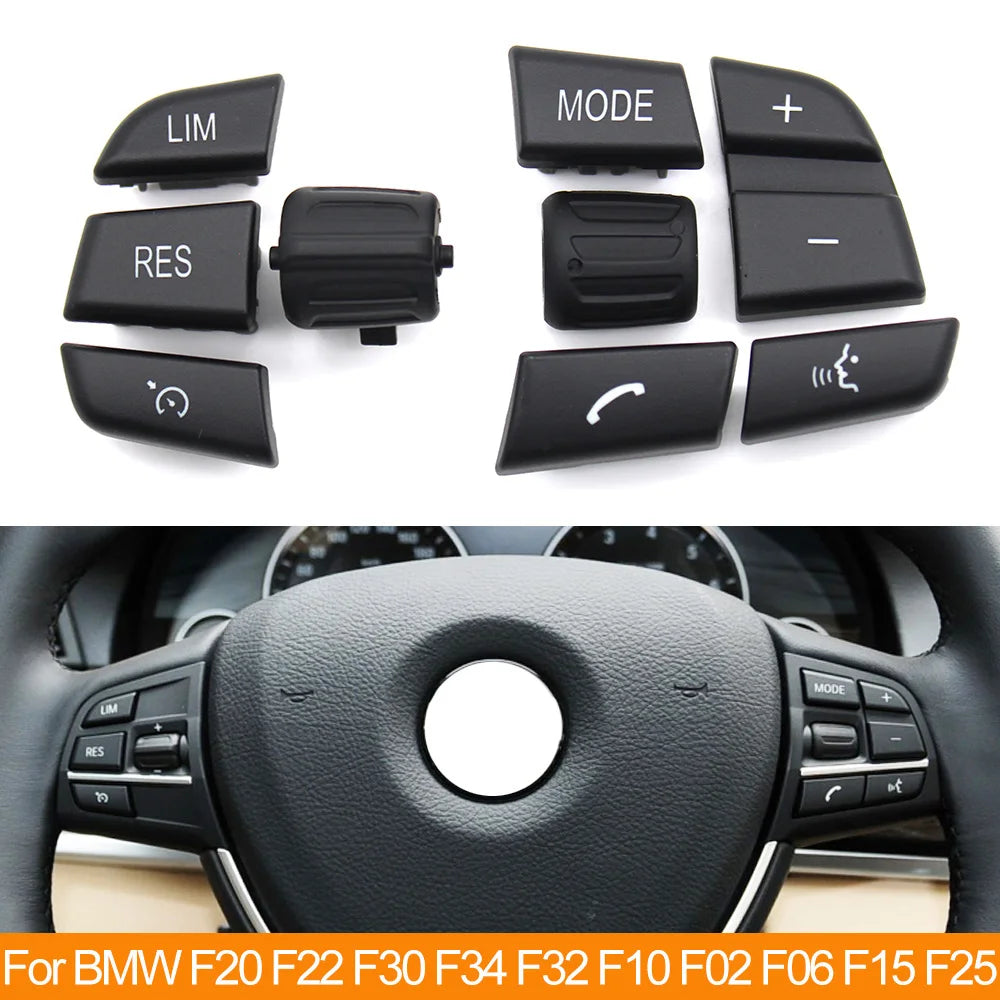 Boutons de volant multifonctions BMW avec molettes et commandes présentés en ensemble sur fond blanc