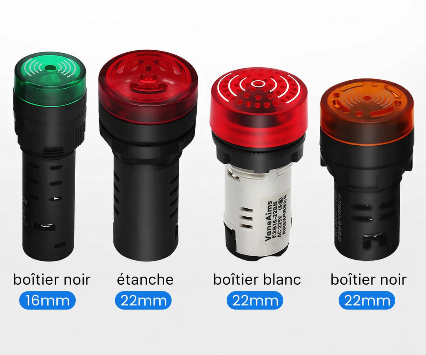 Comparaison des buzzers lumineux universels 12V selon boîtier noir blanc étanche et tailles