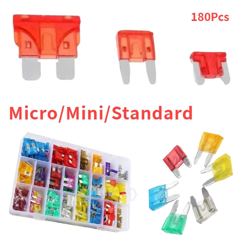 Coffret de fusibles automobiles assortiment mini, standard et micro 180 pièces avec boîte de rangement