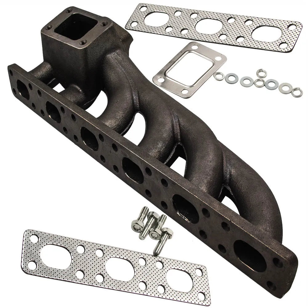 Vue en angle du collecteur turbo position basse T3 BMW M50 M52 M54 S50 avec accessoires