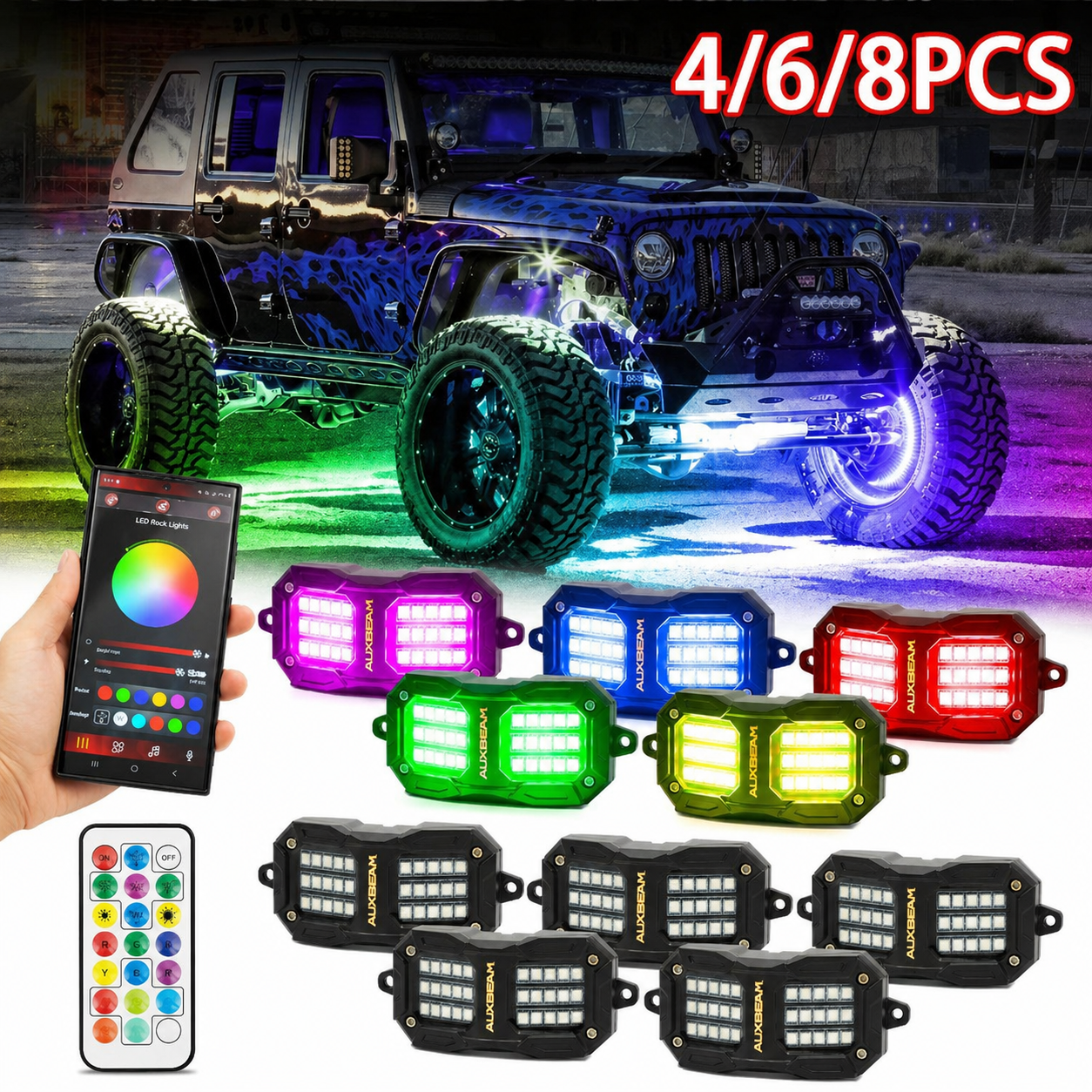Kit d’éclairage Auxbeam RGB 12V underbody rock lights avec application, télécommande et plusieurs modules LED