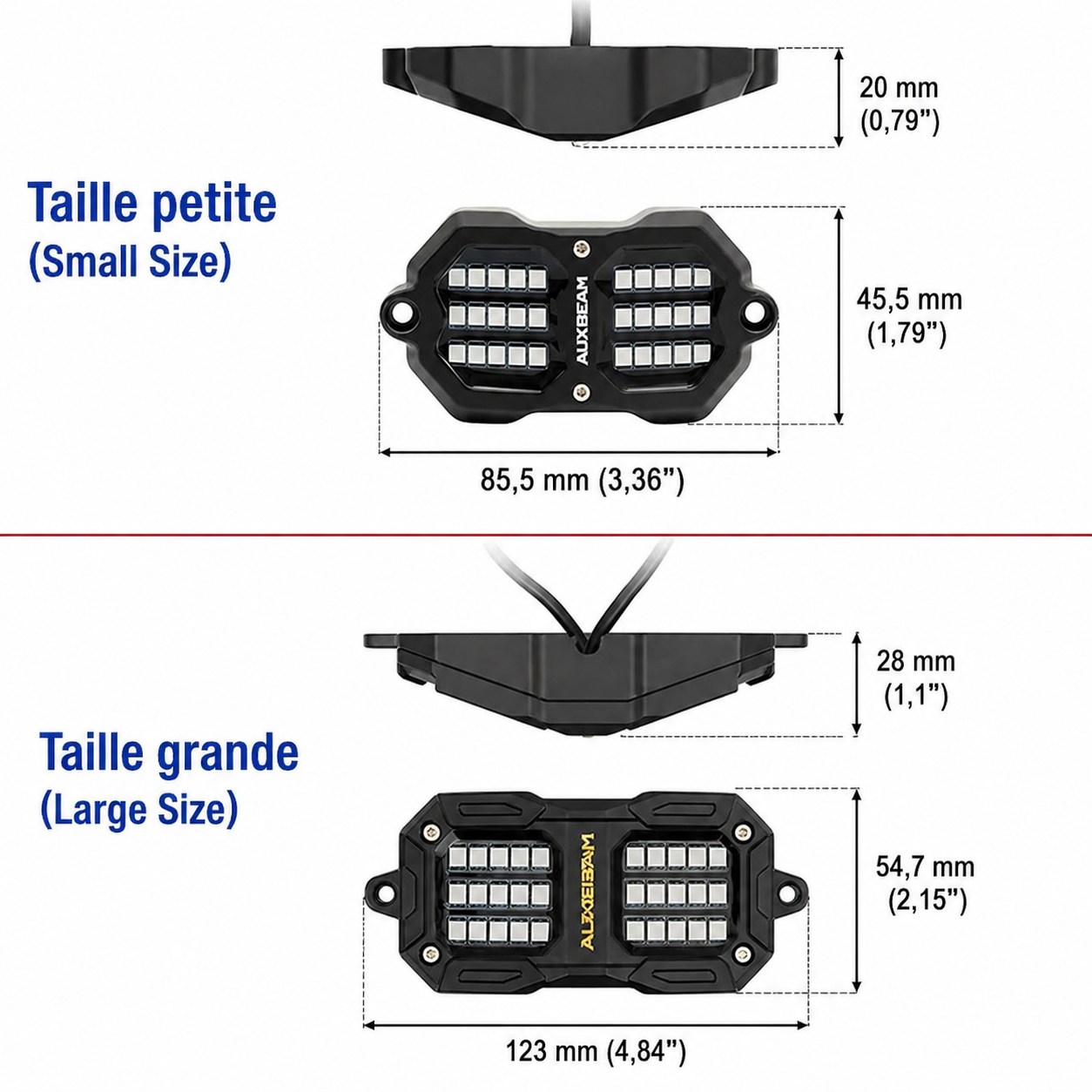 Dimensions des modules d’éclairage Auxbeam RGB underbody rock lights en petite et grande taille