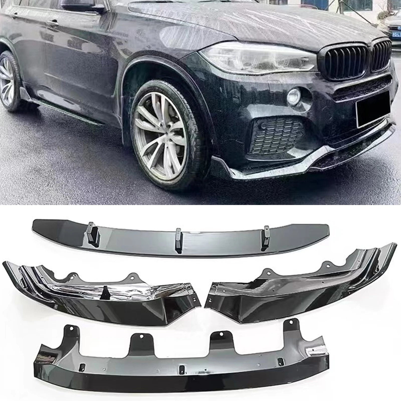 Lame de pare-chocs avant BMW X5 F15 M Sport 2014 à 2018 en noir brillant avec aperçu du rendu monté sur le véhicule et vue du kit complet