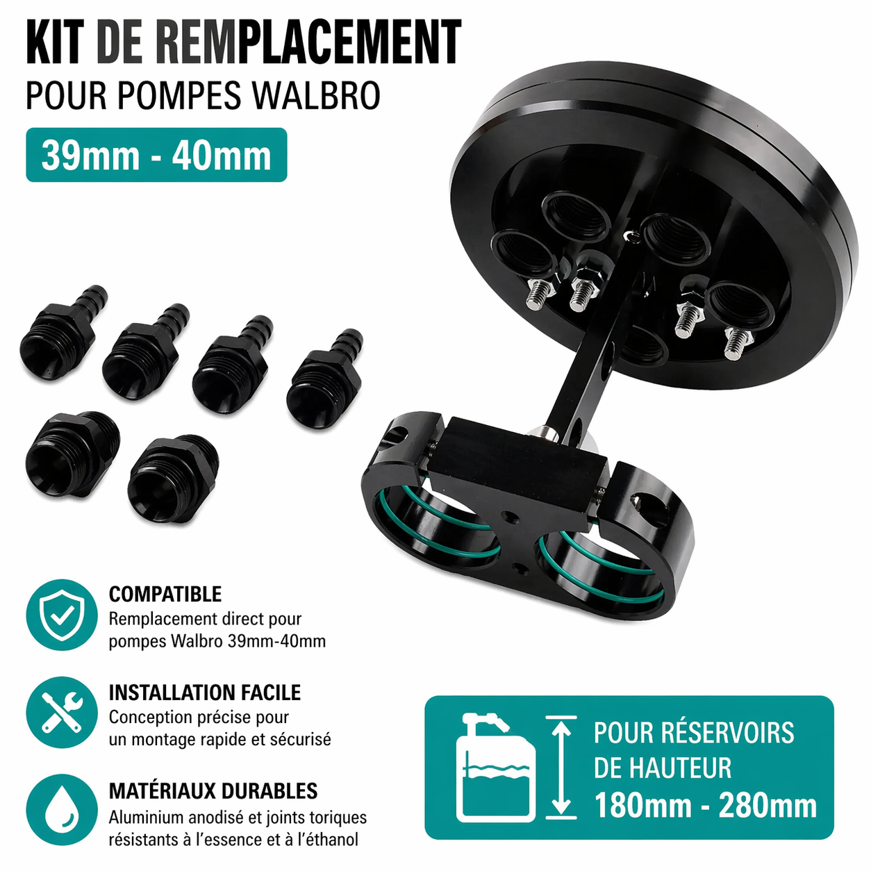 Kit de remplacement pour réservoir tampon essence 2,8 L double pompe compatible Walbro 39-40 mm