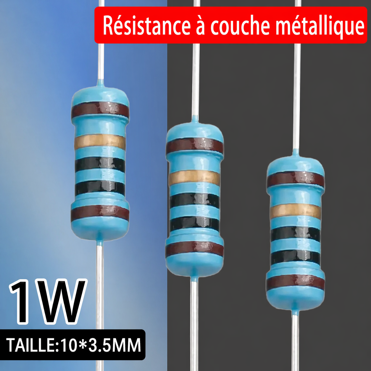 Résistances métal film 1W 1% traversantes en lot de 20 pièces avec plusieurs valeurs disponibles