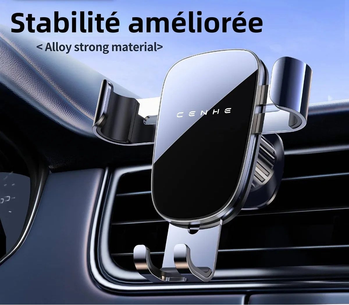 Support smartphone voiture fixé sur grille d’aération avec vue principale du produit
