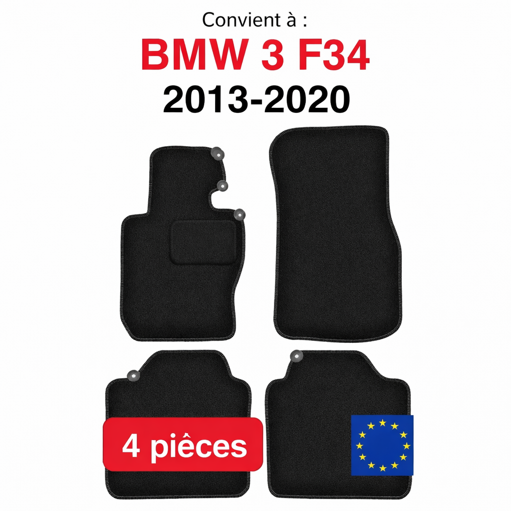 Tapis de sol BMW Série 3 F34 2013-2020 en lot de 4 pièces sur fond blanc
