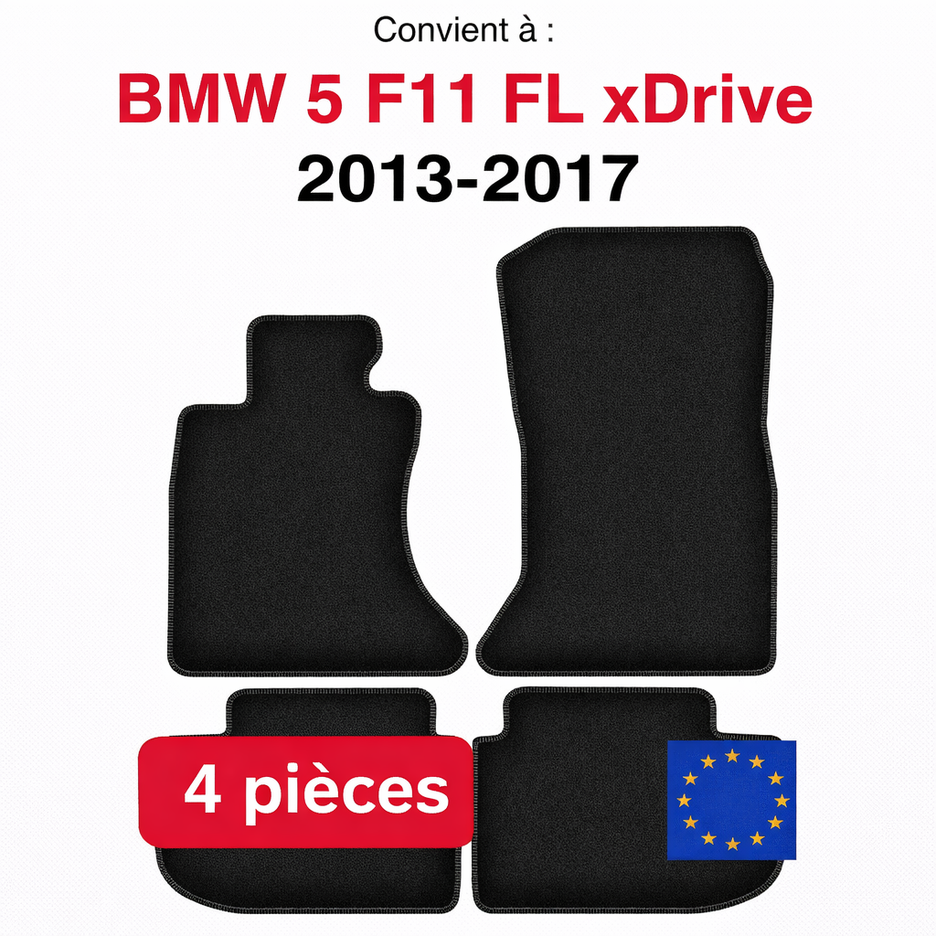 Tapis de sol BMW Série 5 F11 FL xDrive 2013-2017 en lot de 4 pièces sur fond blanc