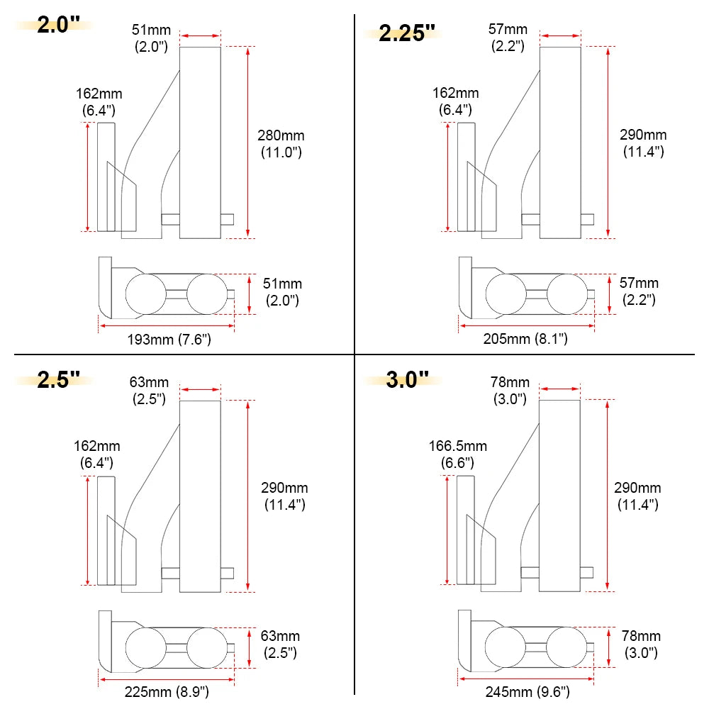 Schéma des dimensions de la vanne d’échappement électrique de 2 à 3 pouces