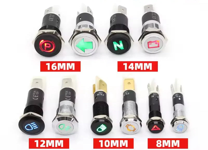 Aperçu des voyants LED métal noirs avec différents symboles et tailles de 8 à 16 mm