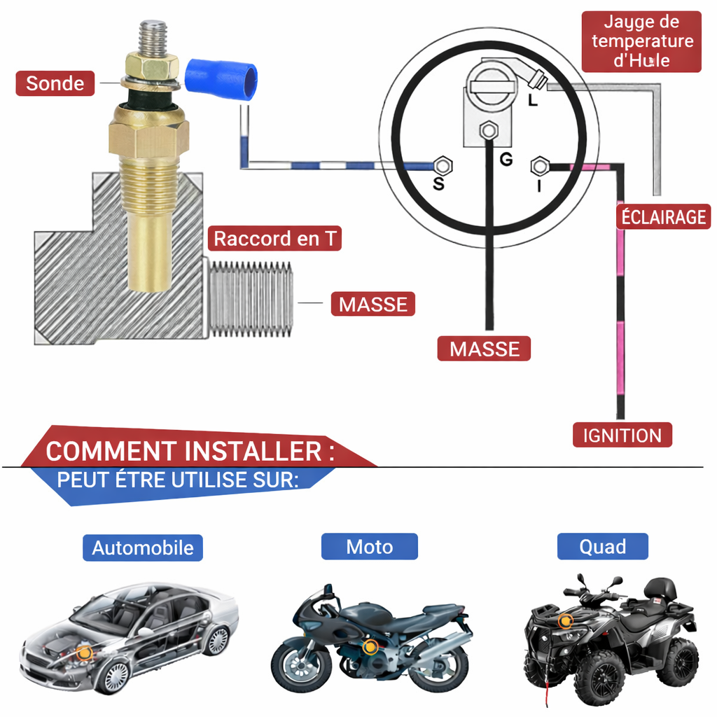 Sonde de température d’huile / d’eau universelle 12V 1/8 NPT