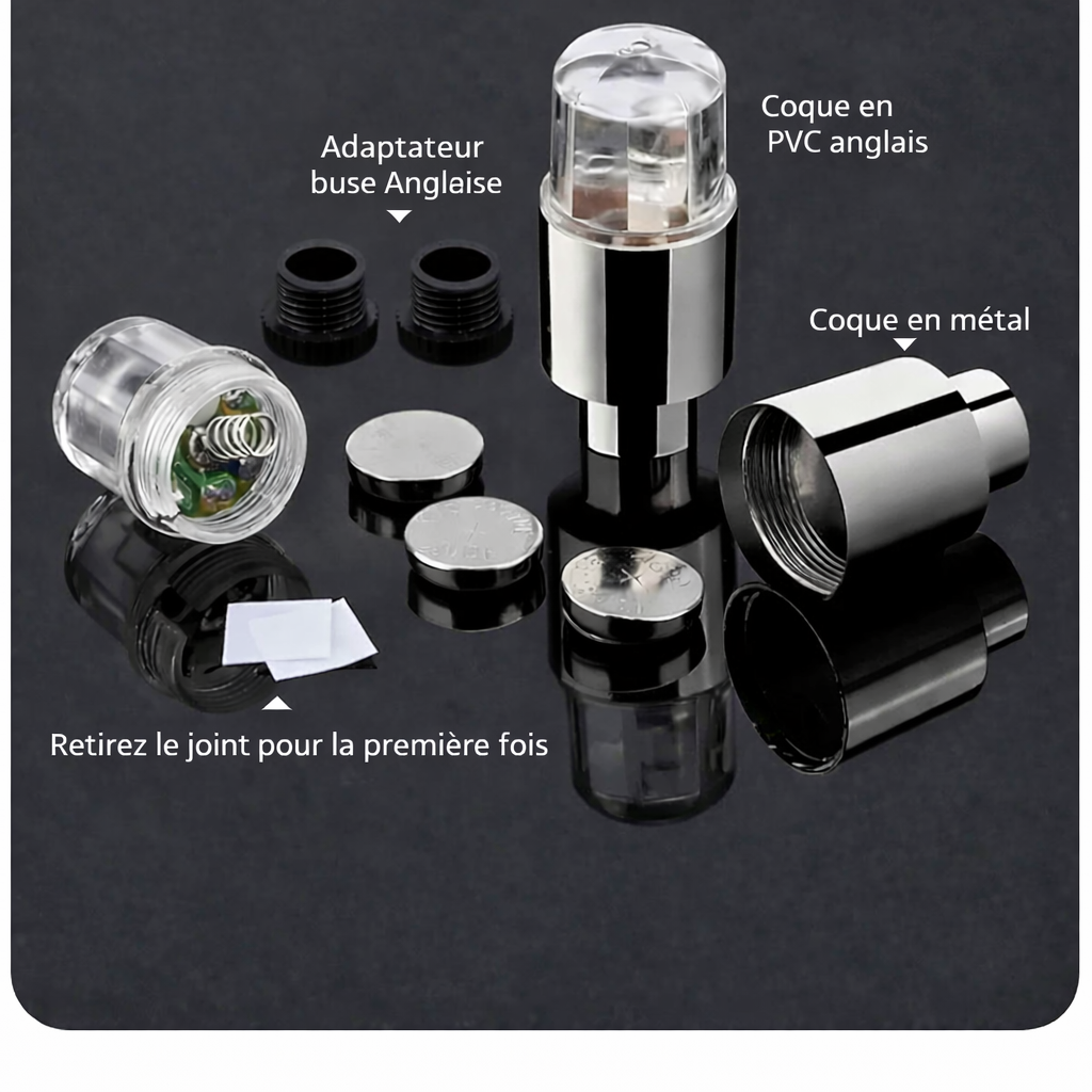 Détail des composants du bouchon de valve LED lumineux avec corps, joints et pile démontés