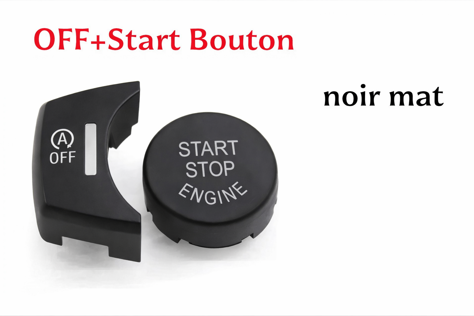 Kit bouton Start Stop et OFF BMW en noir mat présenté sur fond blanc