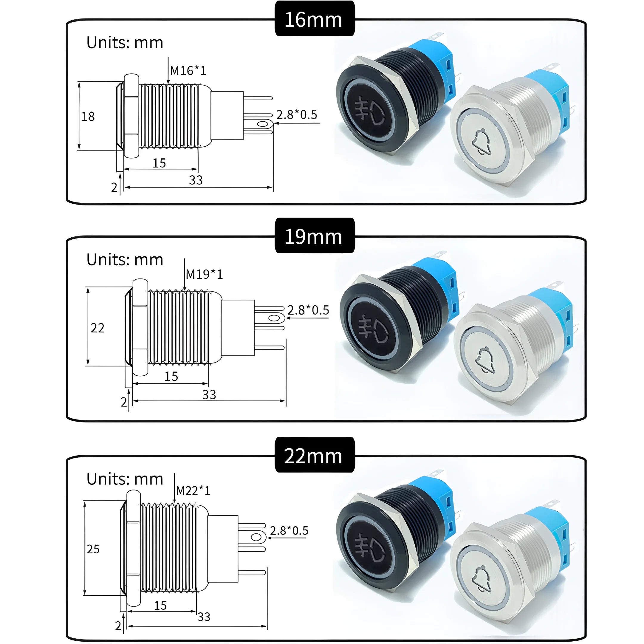 16/19/22mm Custom Metal Push Button Switch Start Stop LED Light For Car Fog Switch Motorcycle Waterproof Black/Silver 12V 24V
