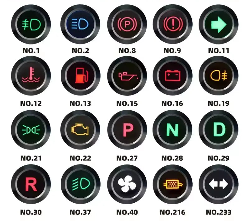 Tableau des symboles disponibles pour les voyants LED métal universels noirs