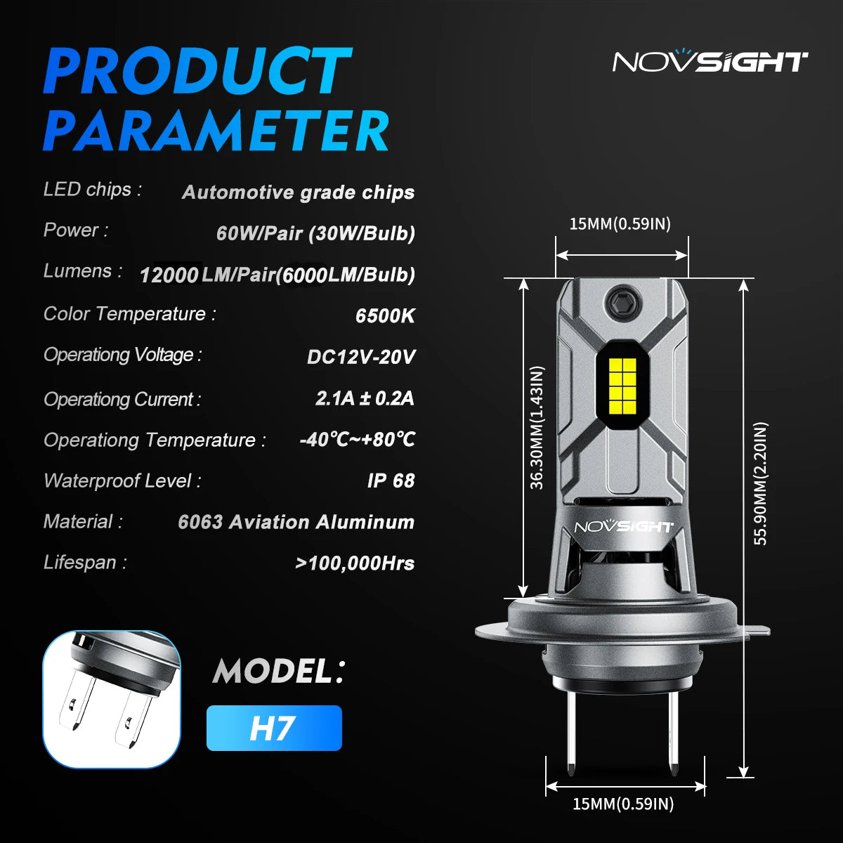 NOVSIGHT Headlight H7 Mini LED 60W 12000LM Car Headlight Bulbs with Fan 6500K White Car Lamps Plug and Play Led Lights for Car