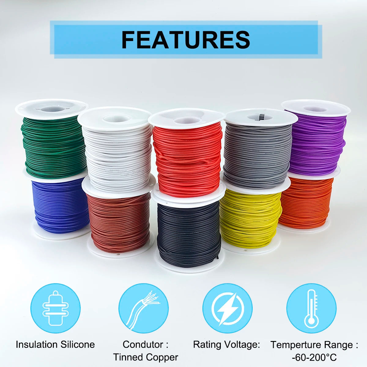16-18-20-22-24-26-28-30 Gauge Flexible Silicone Electrical Wire 300V Multi-Color 22 AWG Stranded Tinned Copper Hookup Wire Kit
