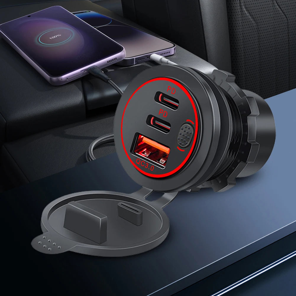 12V-24V Power Outlet Waterproof Car Charger Socket 3 Ports PD Type C QC 3.0 Fast Charge Adapter USB Outlet for Car RV Marine