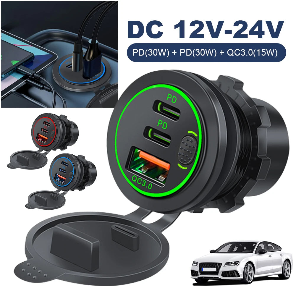 12V-24V Power Outlet Waterproof Car Charger Socket 3 Ports PD Type C QC 3.0 Fast Charge Adapter USB Outlet for Car RV Marine 12V-24V Power Outlet Waterproof Car Charger Socket 3 Ports PD Type C QC 3.0 Fast Charge Adapter USB Outlet for Car RV Marine