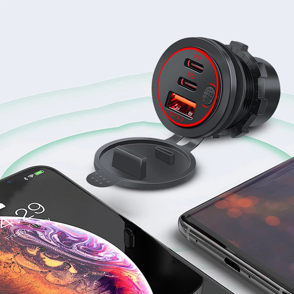 12V-24V Power Outlet Waterproof Car Charger Socket 3 Ports PD Type C QC 3.0 Fast Charge Adapter USB Outlet for Car RV Marine