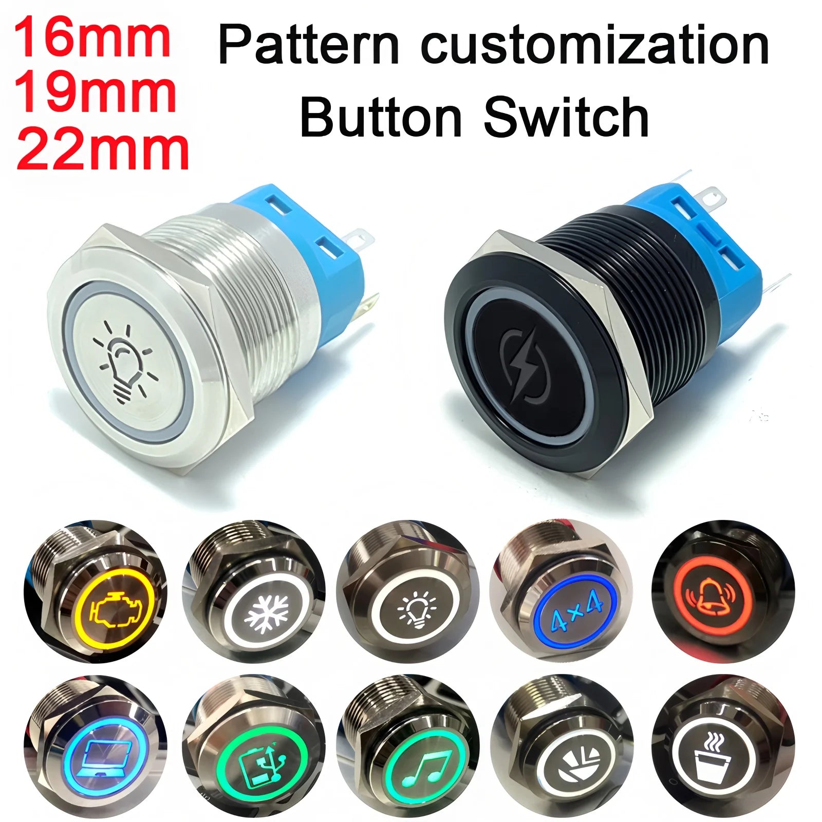 16/19/22mm Custom Metal Push Button Switch Start Stop LED Light For Car Fog Switch Motorcycle Waterproof Black/Silver 12V 24V 16/19/22mm Custom Metal Push Button Switch Start Stop LED Light For Car Fog Switch Motorcycle Waterproof Black/Silver 12V 24V