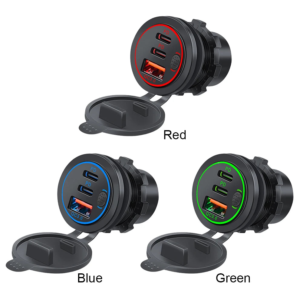 12V-24V Power Outlet Waterproof Car Charger Socket 3 Ports PD Type C QC 3.0 Fast Charge Adapter USB Outlet for Car RV Marine
