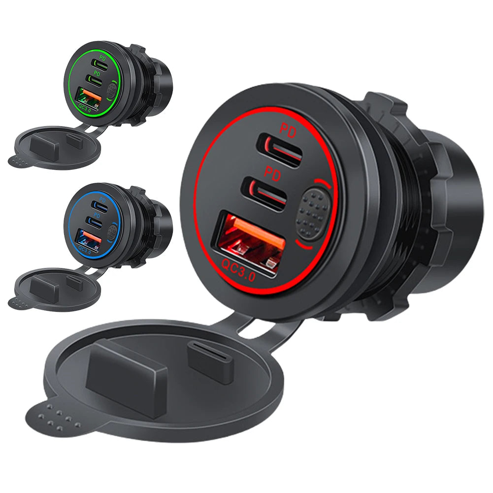 12V-24V Power Outlet Waterproof Car Charger Socket 3 Ports PD Type C QC 3.0 Fast Charge Adapter USB Outlet for Car RV Marine