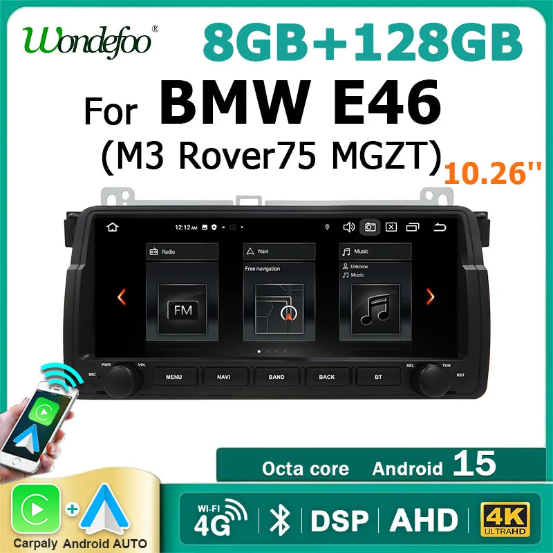 10.26'' Screen Android 15 Car Radio AUTO CarPlay bluetooth stereo For BMW E46 M3 Rover 75 MG ZT 1998-2006 Multimedia player 2DIN