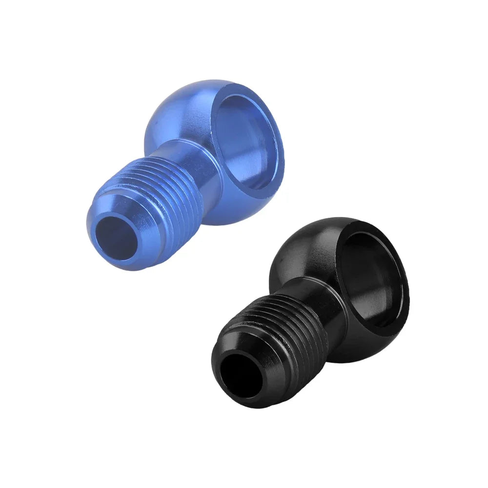 Adaptateurs banjo aluminium bleu et noir vue sous un autre angle