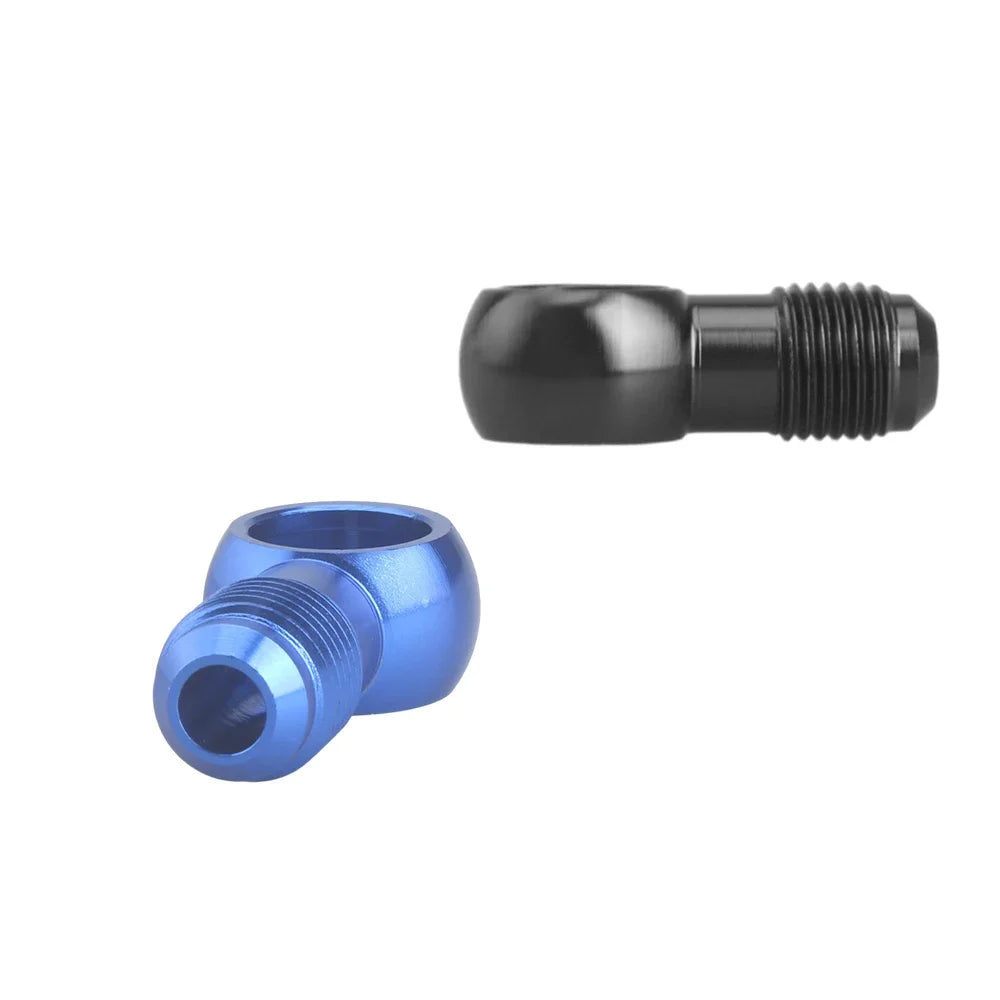 Adaptateurs banjo aluminium bleu et noir en vue rapprochée