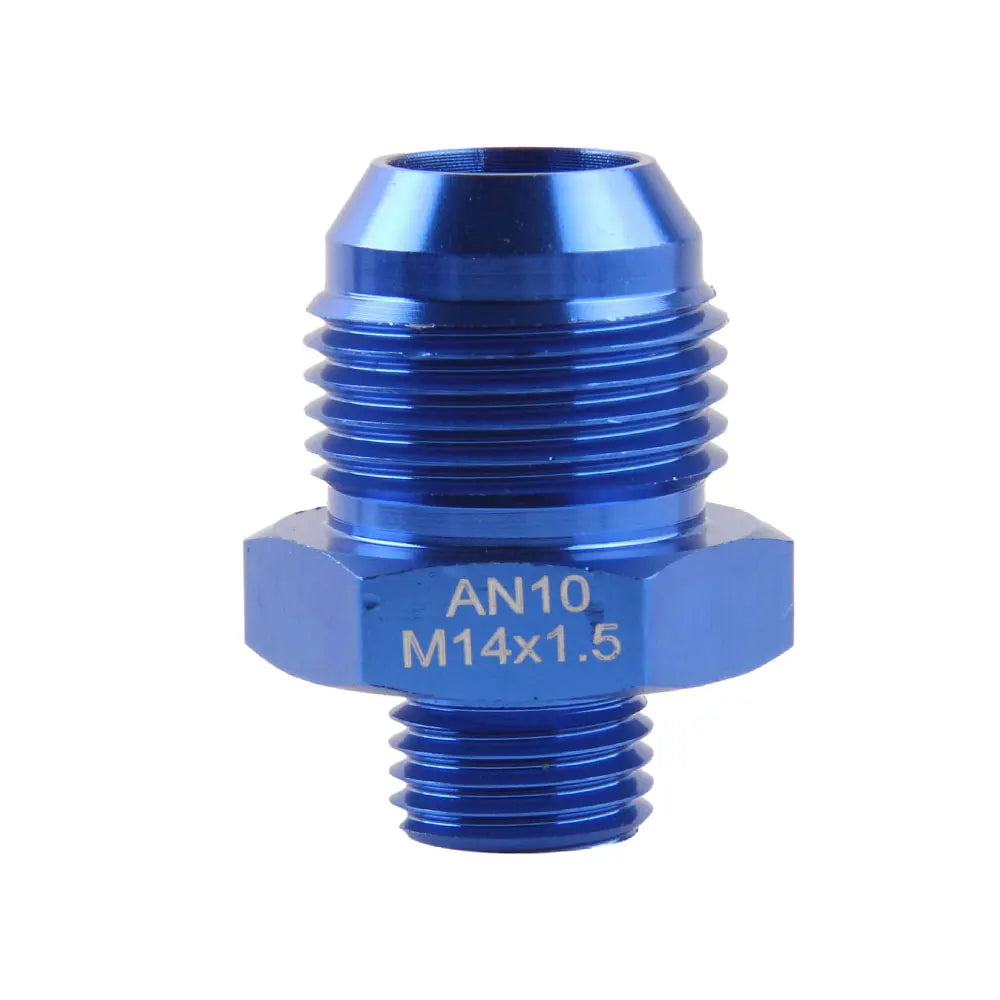 Vue de face de l’adaptateur droit mâle AN10 vers M14x1,5 en aluminium bleu