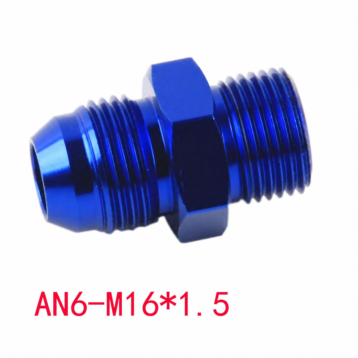 Vue biaisée de l’adaptateur droit mâle AN6 vers M16x1,5 en aluminium bleu