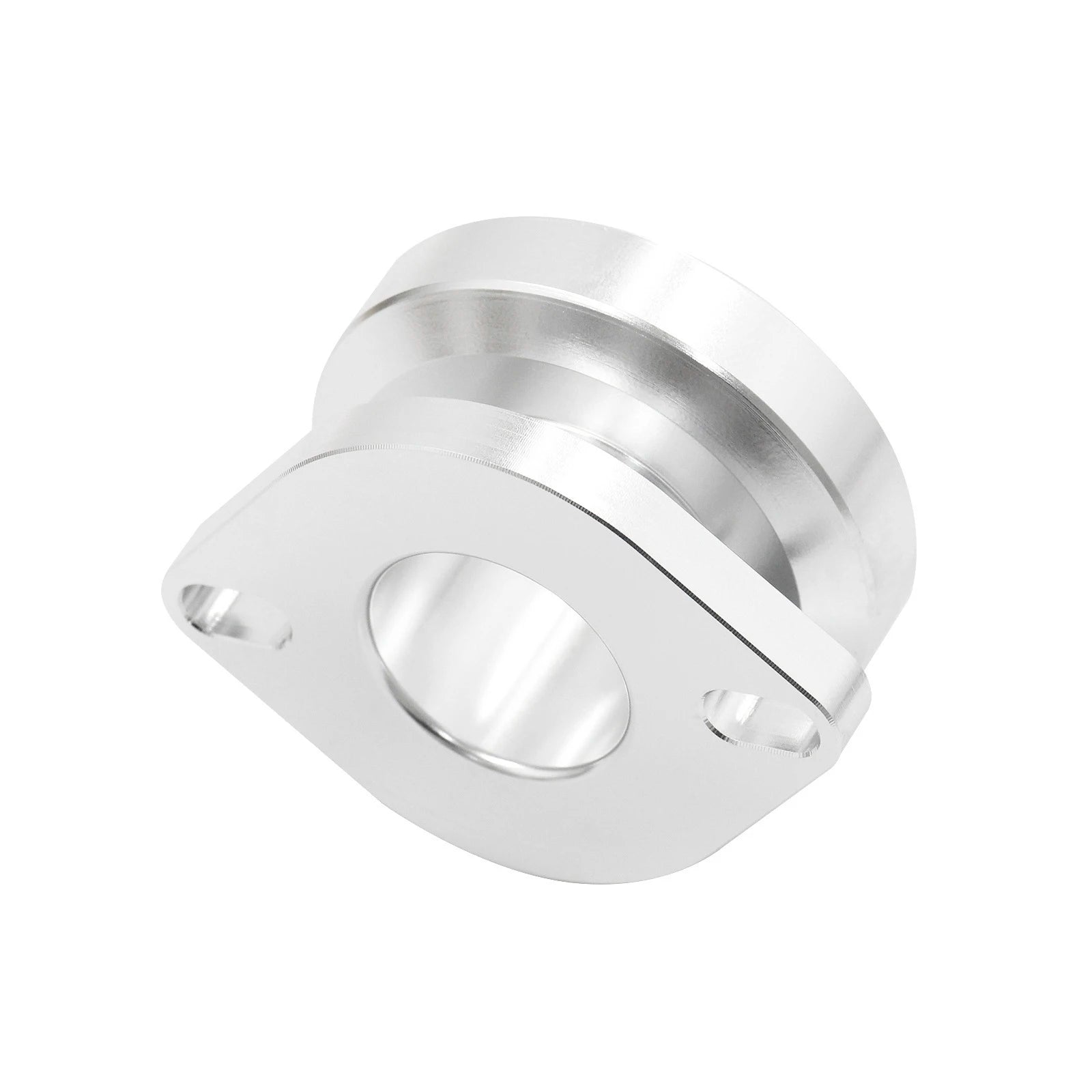 Vue en angle de l’adaptateur de dump valve Greddy FV RS vers HKS FV SSQV en aluminium