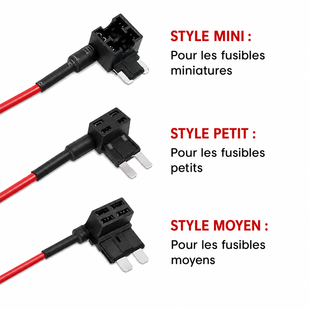 Comparaison des formats mini, petit et moyen pour adaptateur porte-fusible additionnel 12V