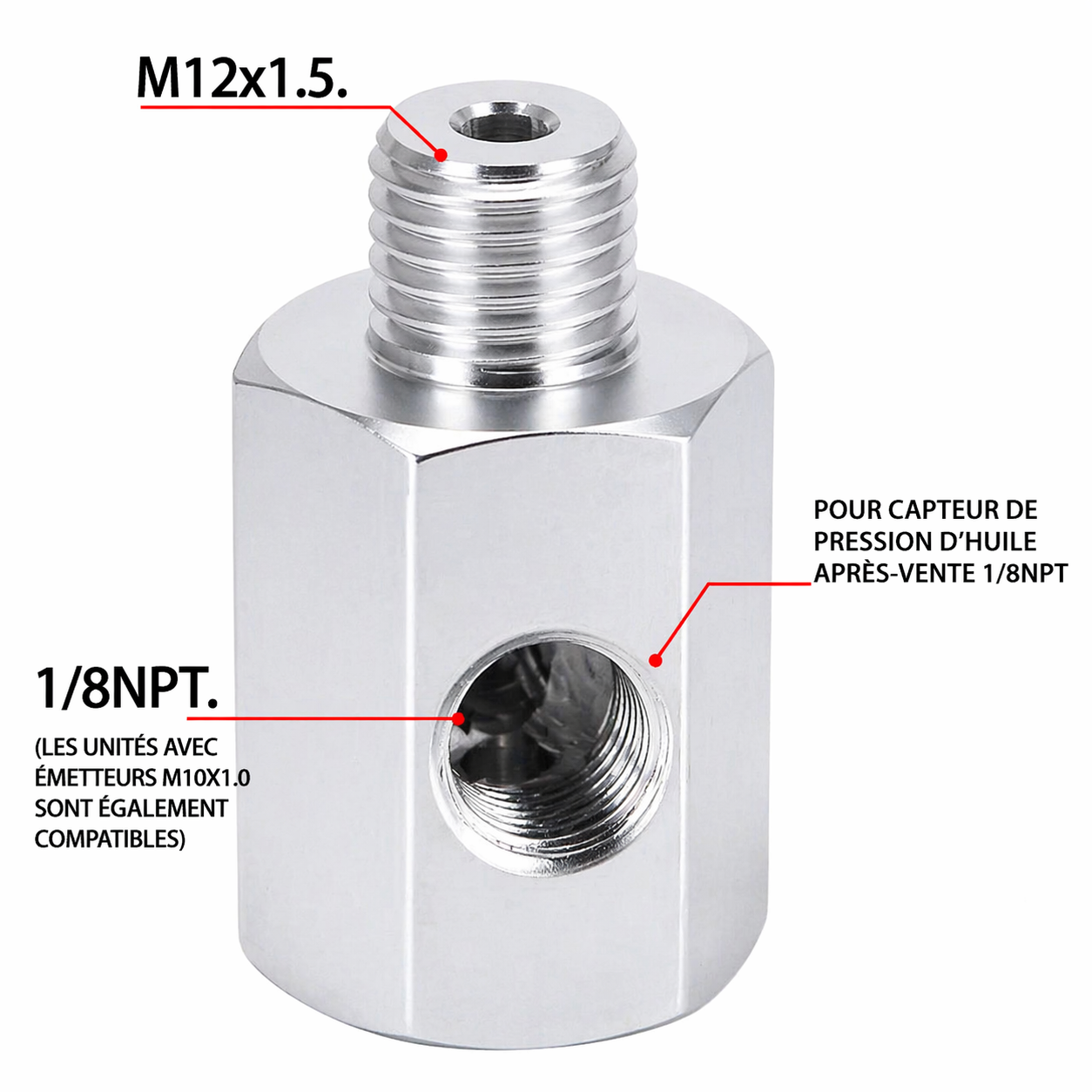 Détails du filetage 1/8 NPT et M12x1.5 de l’adaptateur T 3 ports pour huile