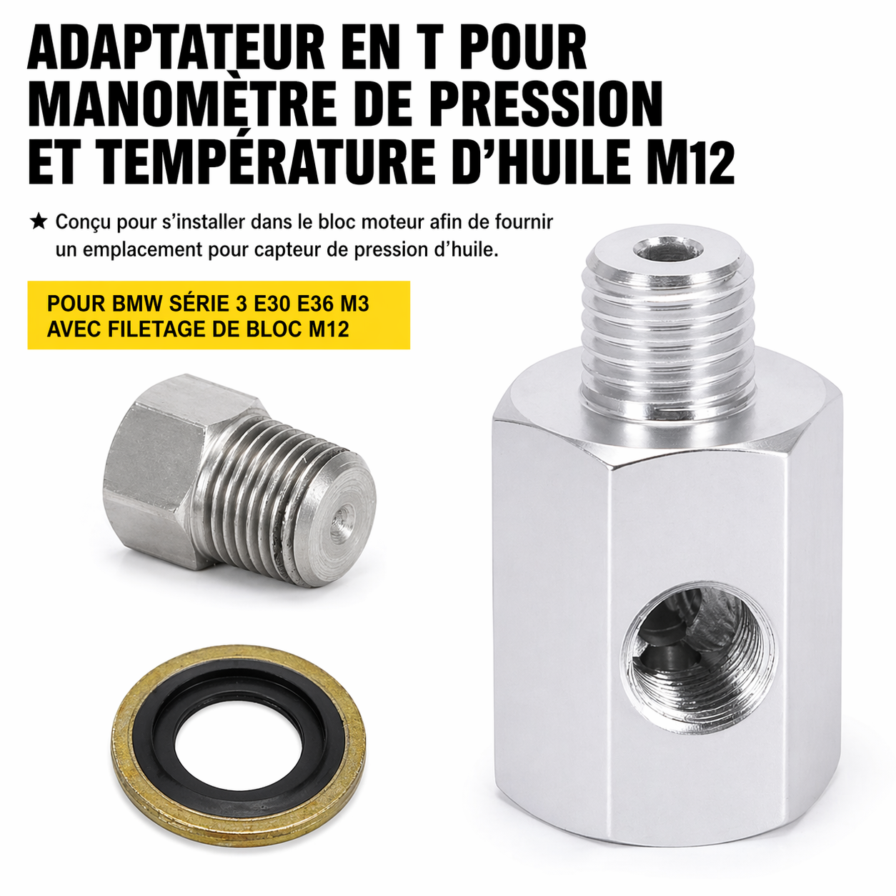 Schéma de l’adaptateur T 3 ports pression température d’huile 1/8 NPT M12x1.5 pour BMW E30 E36