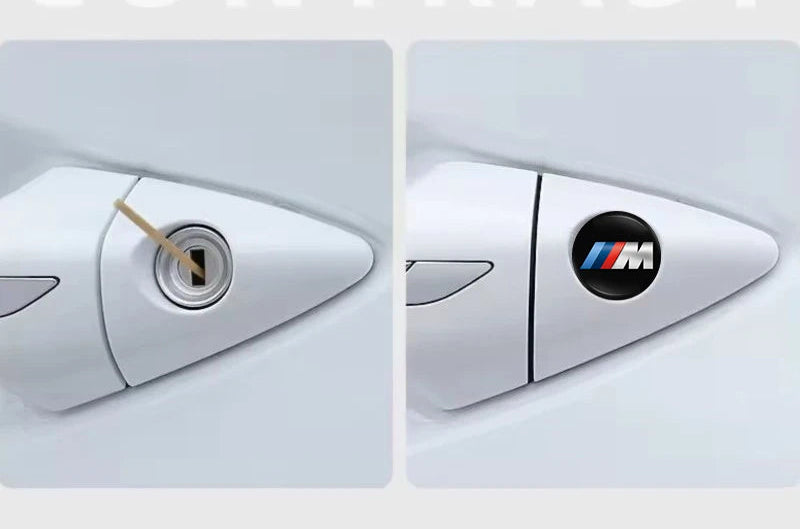 Comparaison avant après de l’autocollant BMW ou M sur barillet de porte