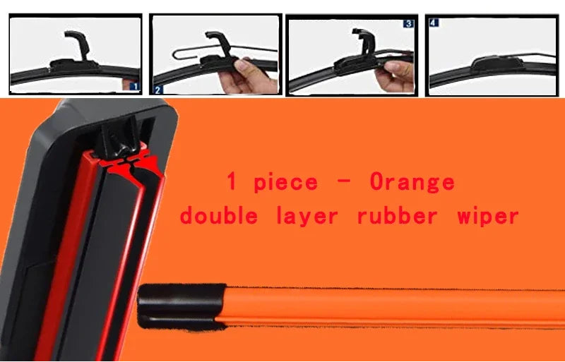 Balai d’essuie glace universel sans cadre à double caoutchouc orange avec détail de la structure et de la fixation