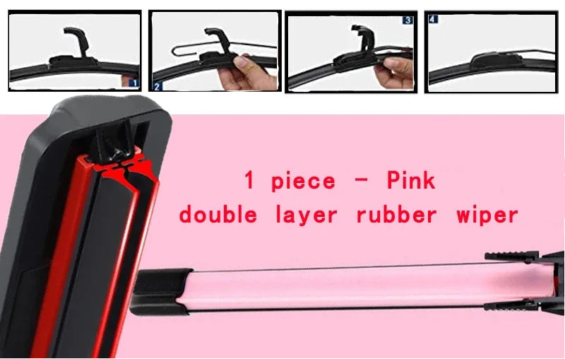 Balai d’essuie glace universel sans cadre à double caoutchouc rose avec vue rapprochée de la lame Balai d’essuie glace universel sans cadre à double caoutchouc rose avec vue rapprochée de la lame