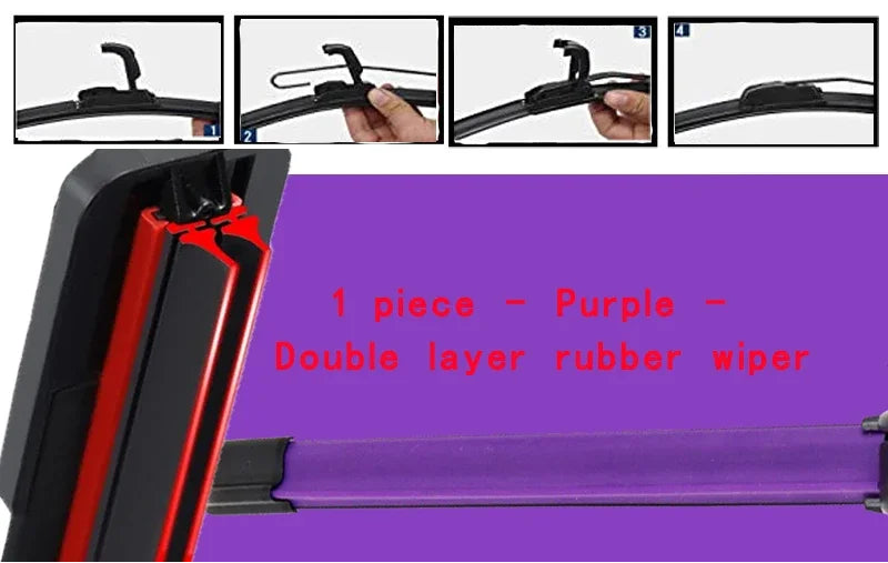 Balai d’essuie glace universel sans cadre à double caoutchouc violet avec vue de la lame et de la fixation Balai d’essuie glace universel sans cadre à double caoutchouc violet avec vue de la lame et de la fixation