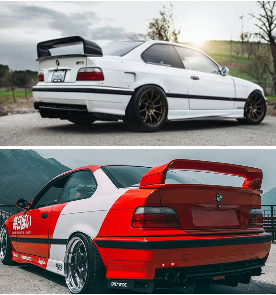 Aperçu du becquet arrière BMW Série 3 E36 coupé style M3 GT monté sur une voiture grise et une voiture rouge