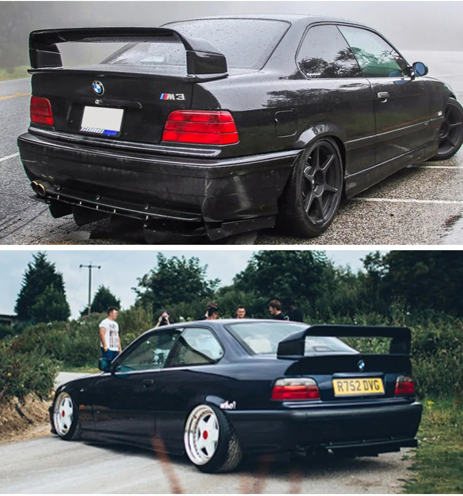 Becquet arrière BMW Série 3 E36 coupé style M3 GT montré sur plusieurs véhicules pour illustrer le rendu une fois installé