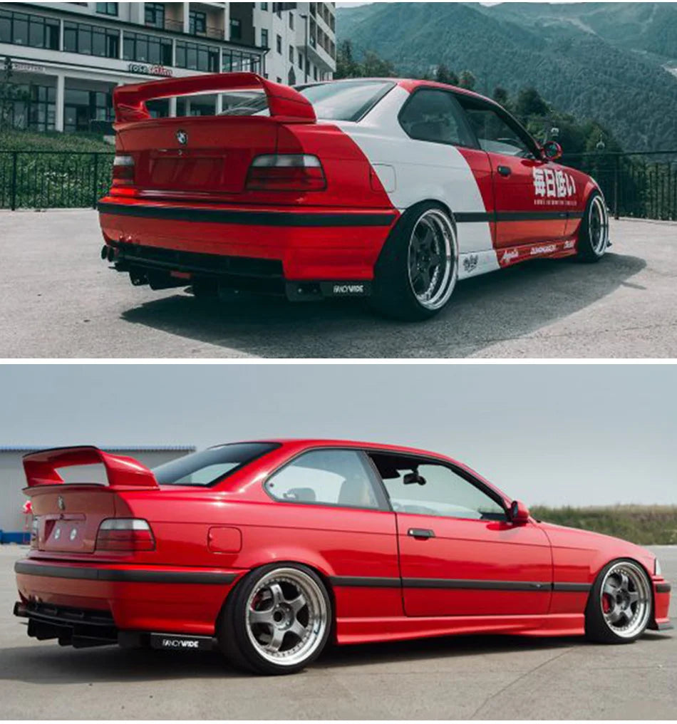 Becquet arrière BMW Série 3 E36 coupé style M3 GT montré sur une voiture rouge sous plusieurs angles