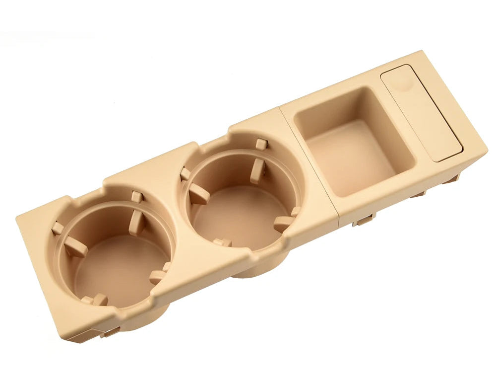Boîte de rangement de console centrale avec porte-gobelet double beige pour BMW Série 3 E46 présentée seule sur fond blanc