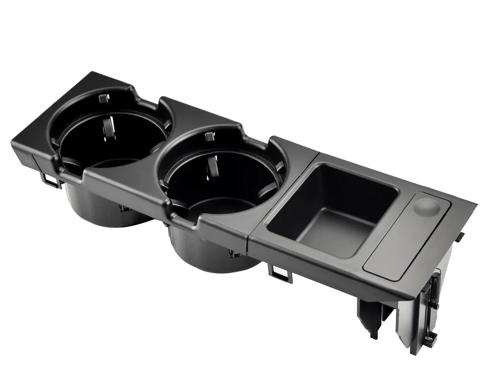 Boîte de rangement de console centrale avec porte-gobelet double noire pour BMW Série 3 E46 présentée seule sur fond blanc